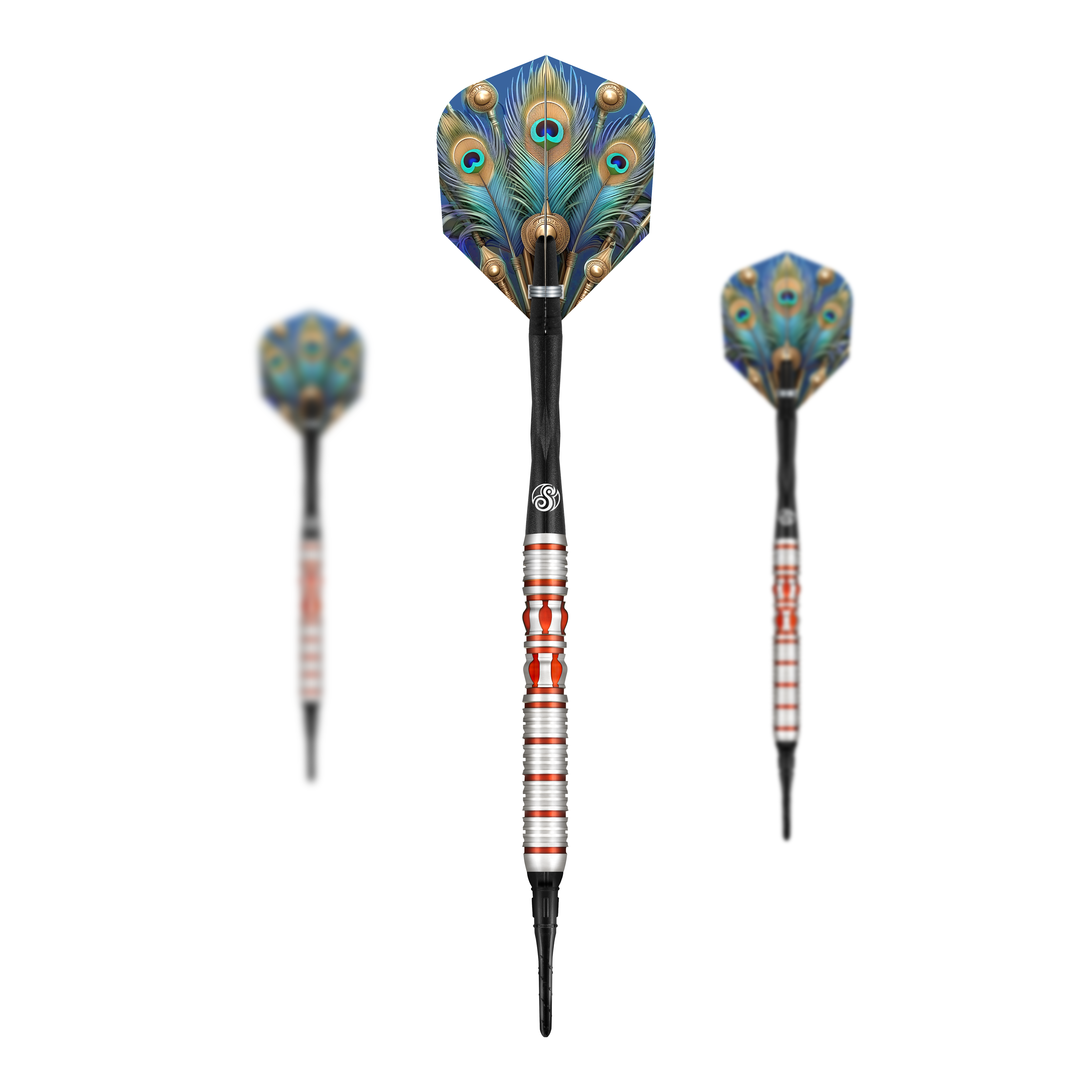Das Bild zeigt drei Softdarts des Modells „Shot Roman Empire Juno“. Die Flights sind mit einem auffälligen Pfauenfeder-Muster gestaltet.
